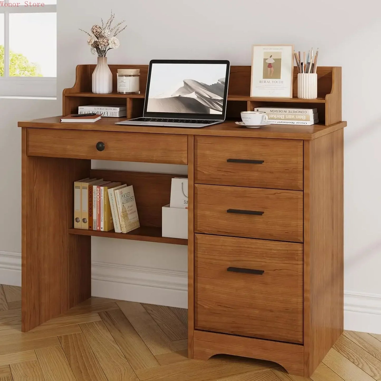 Compact Computer Desk With Drawers And Monitor Stand