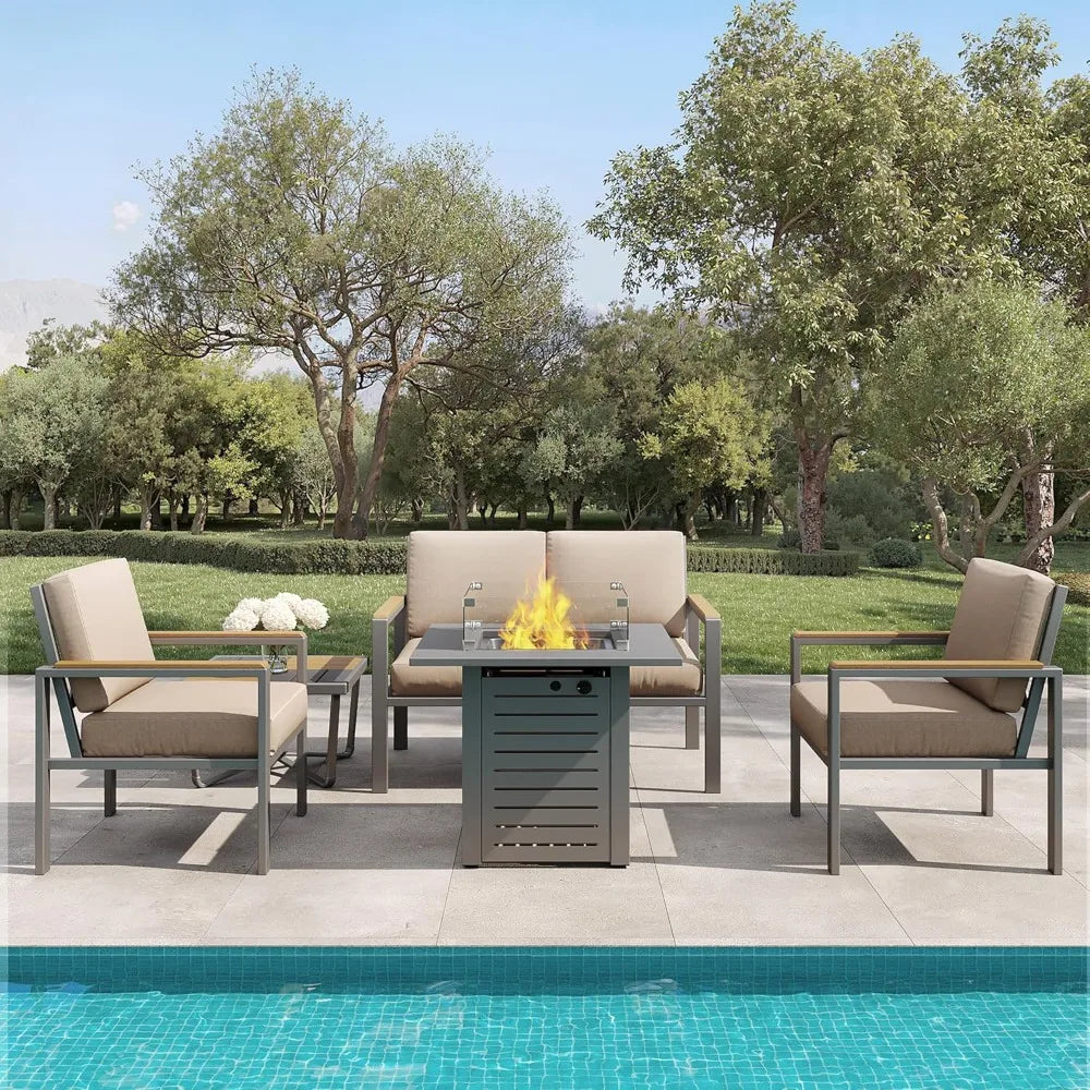 HUANZHUANG 5 Piece Modern Outdoor Patio Set With Fire Pit