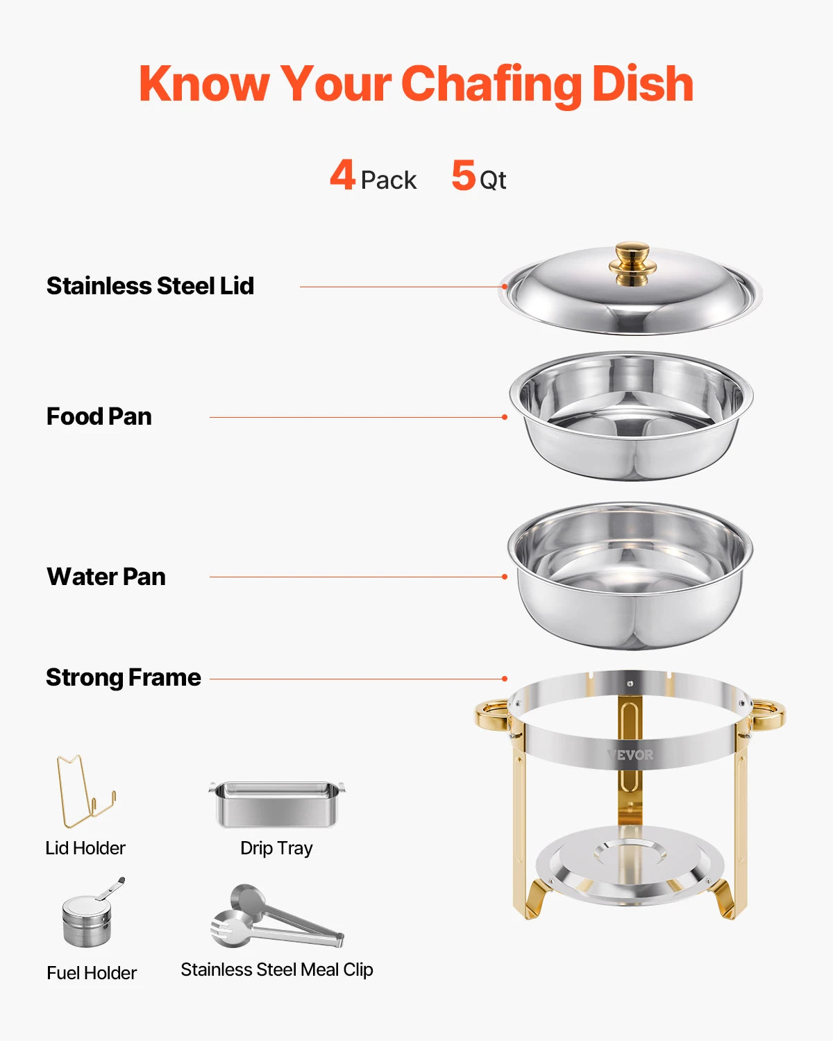 VEVOR 4 Pack Chafing Dish Buffet Set Stainless Steel Pans