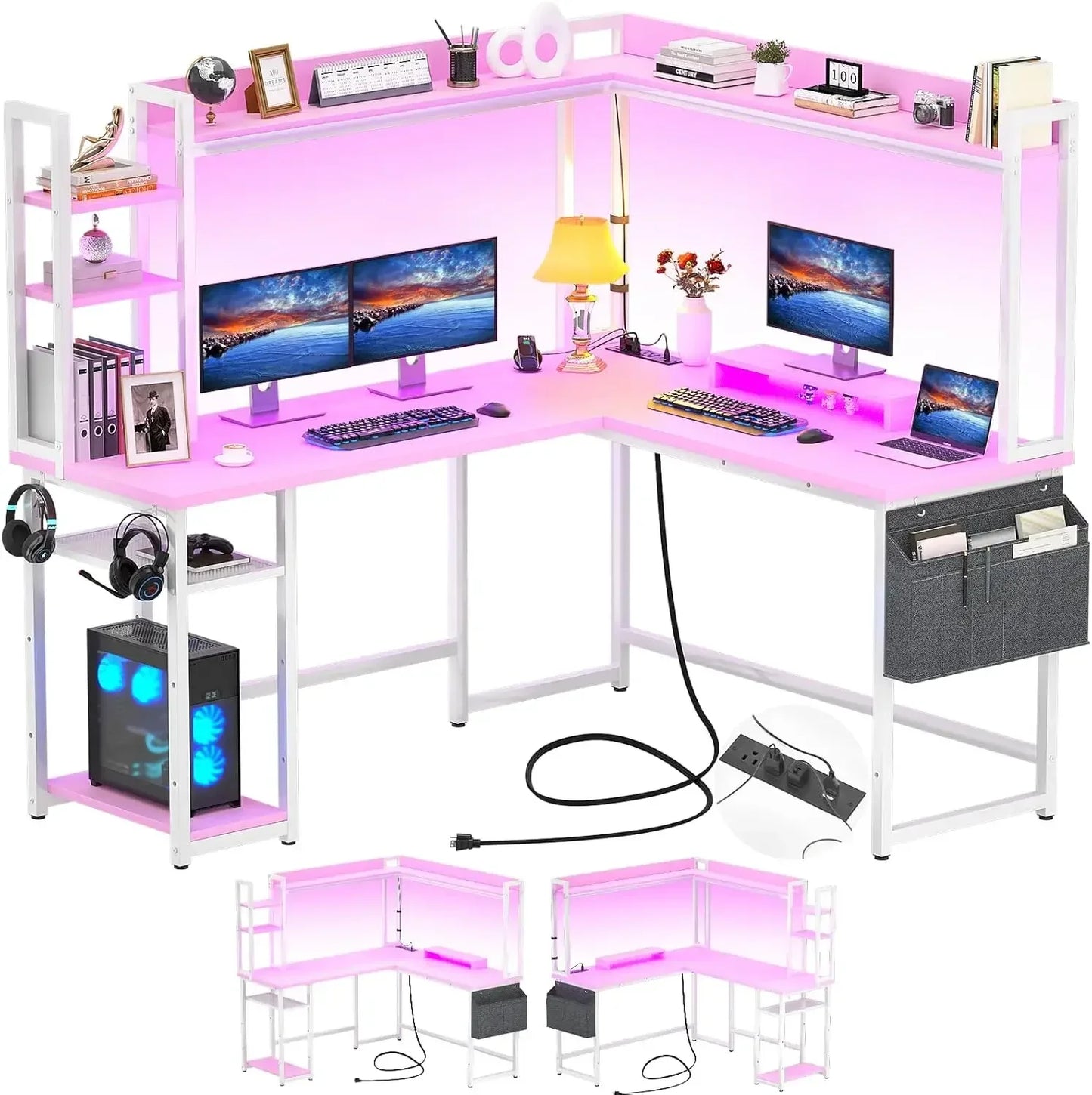 L Shaped Gaming Desk With Led Light Hutch And Power Outlet