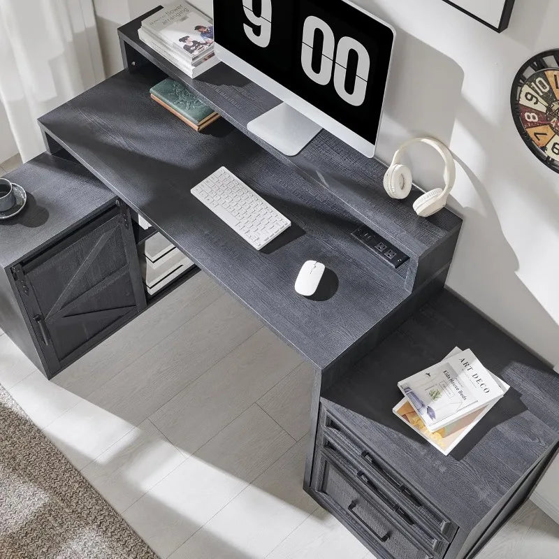 Modern Farmhouse Home Office Desk With File Cabinet 67 Inch