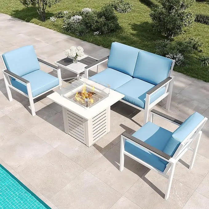 HUANZHUANG 5 Piece Modern Outdoor Patio Set With Fire Pit
