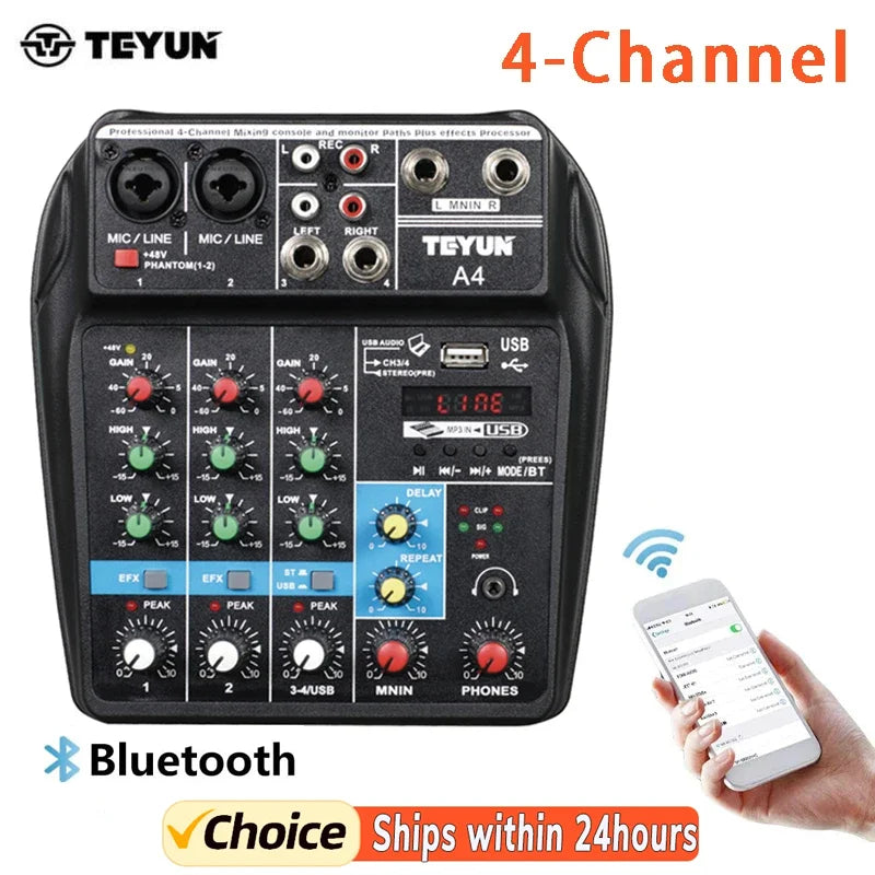 Teyun A4 4 Channel Audio Mixer with Bluetooth and USB