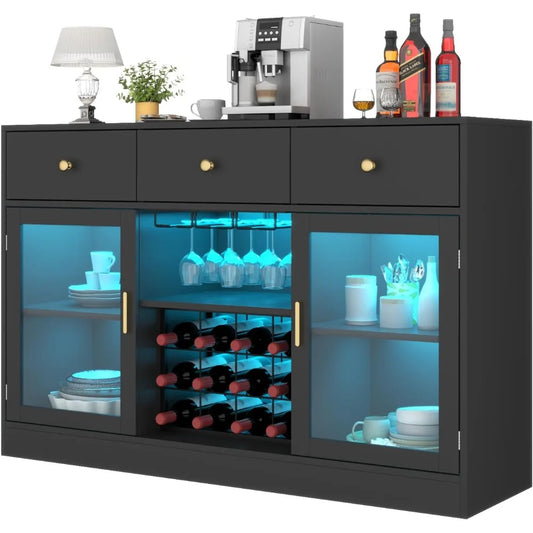 Wine Bar Cabinet With LED Light And Glass Rack Storage