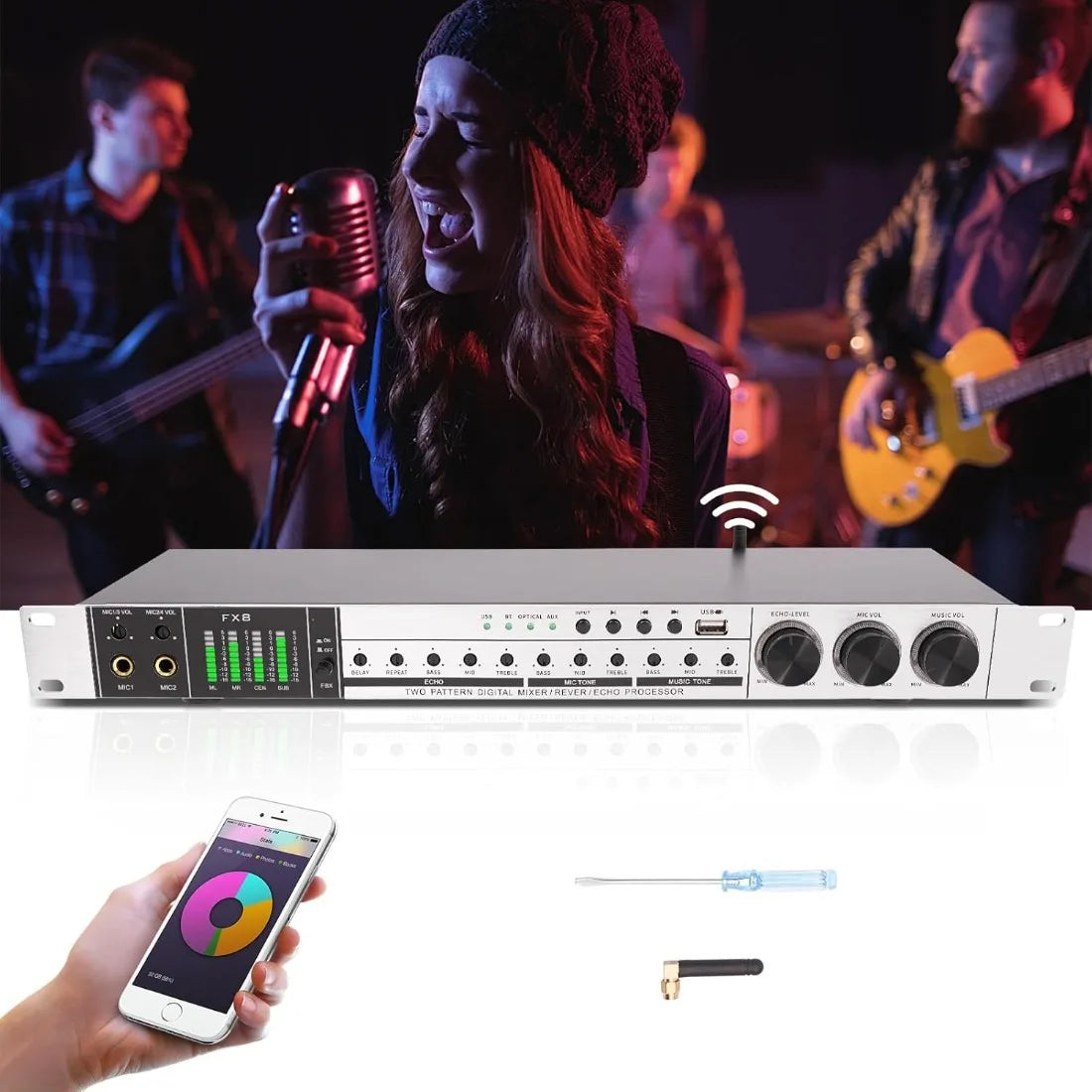 Professional 4-Mic Karaoke Mixer with Bluetooth and EQ Controls