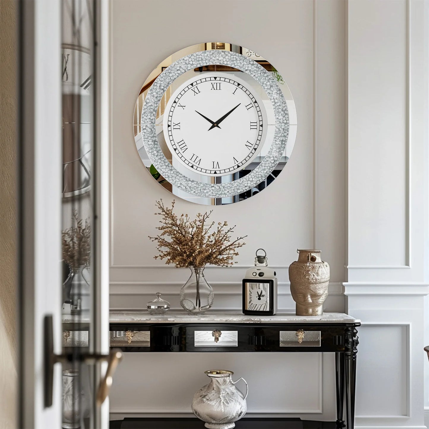 Silver Round Mirror 24 Inch Large Wall Clock with Crystal Bling - Antland Marketplace