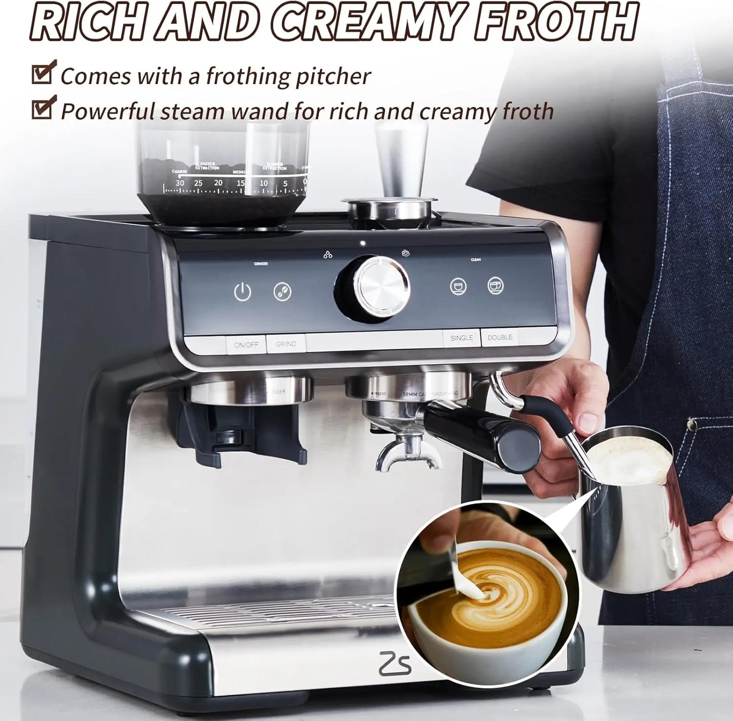 Espresso Machine With Grinder Milk Frother 20 Bar 1450W