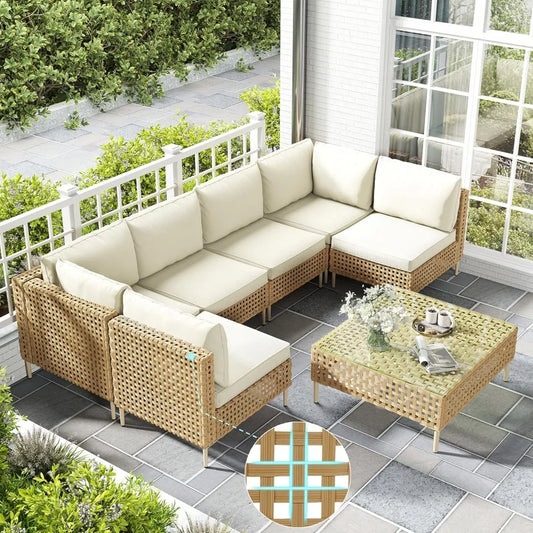 7 Piece Wicker Patio Sectional Furniture Set Outdoor Rattan