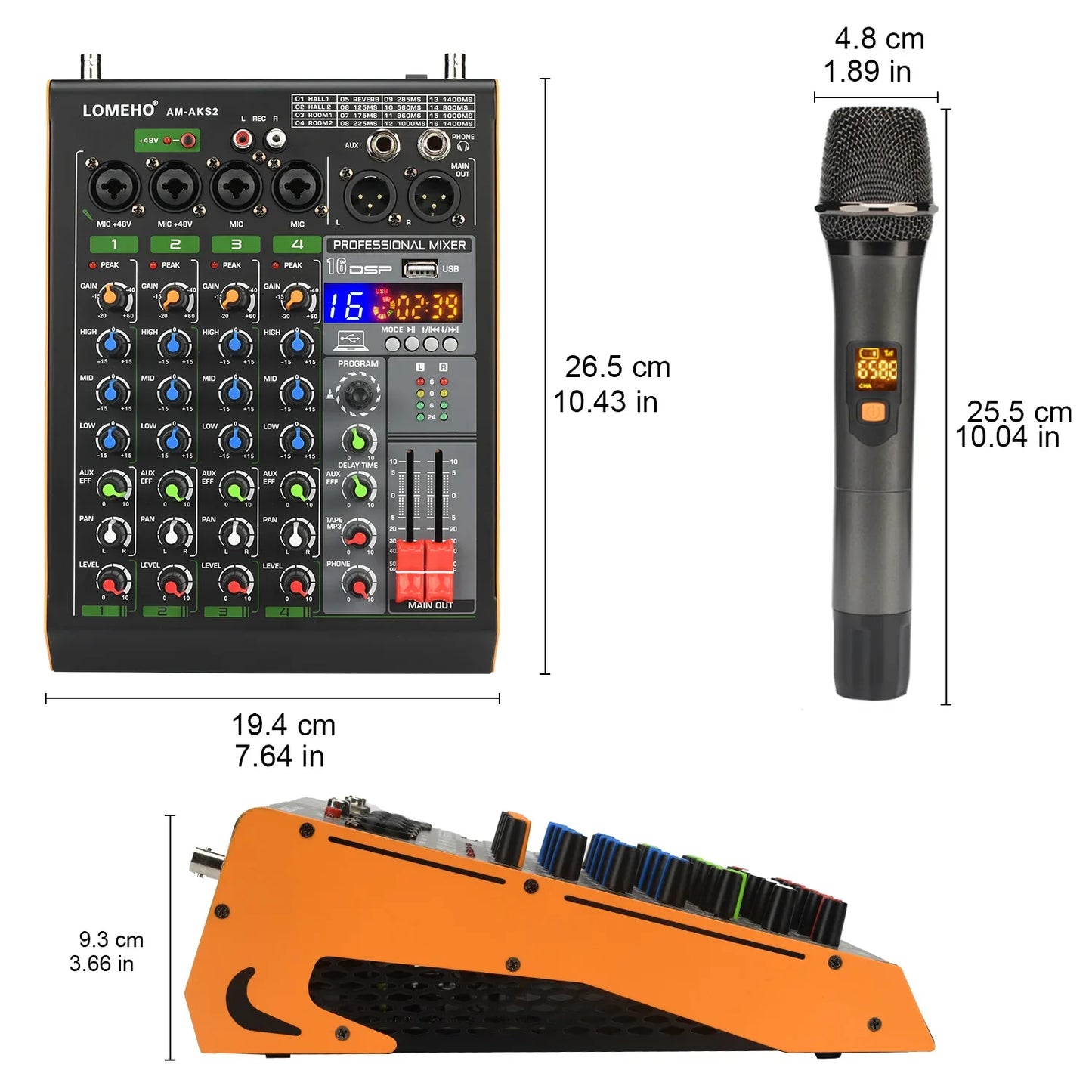 LOMEHO 4 Channel Bluetooth Audio Mixer with 2 Microphones