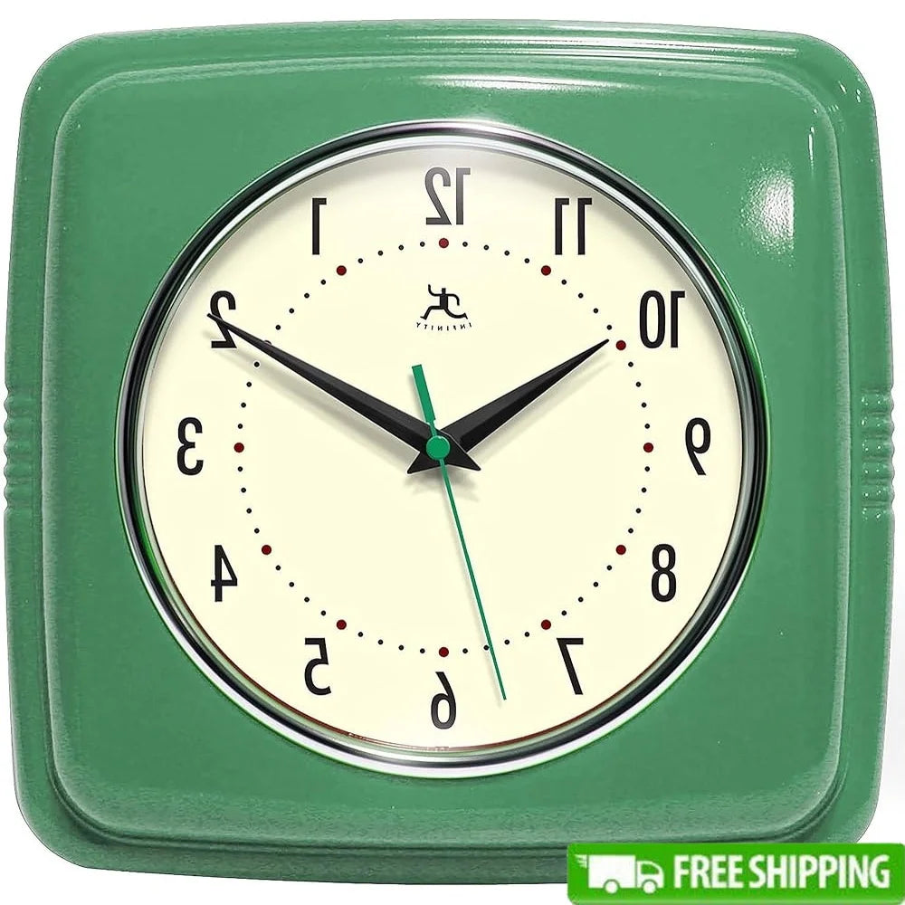 Square Silent Retro Wall Clock 9 Inch Quartz Sweep Movement Analog Kitchen Diner Decor