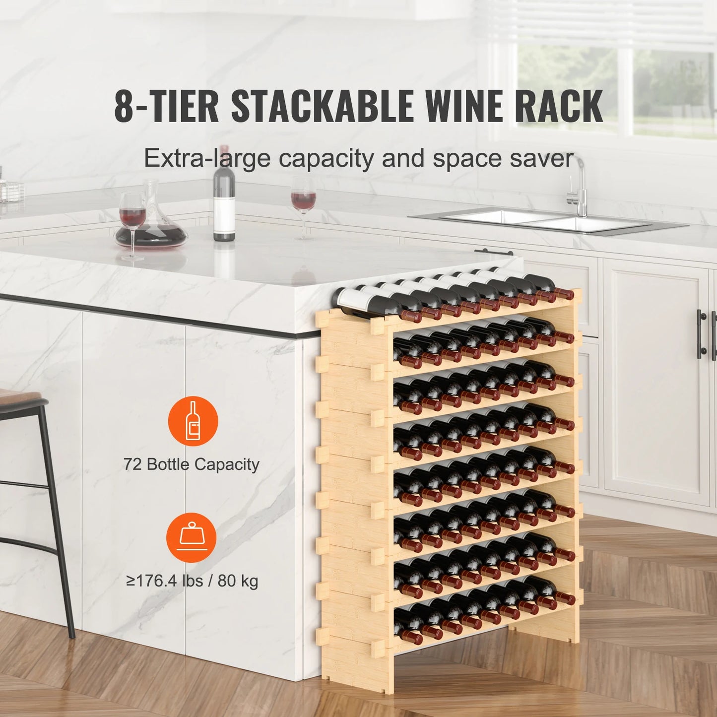 8 Tier Stackable Bamboo Wine Rack Free Standing Storage