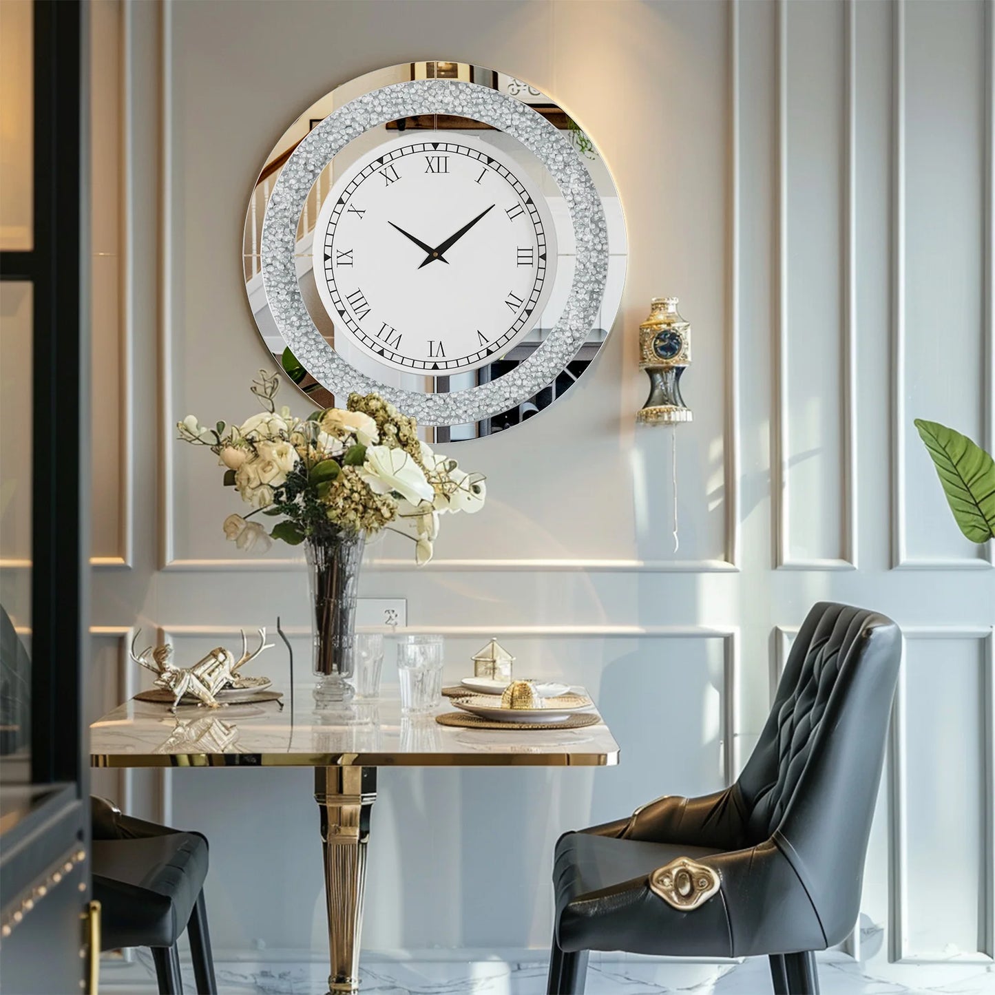 Silver Round Mirror 24 Inch Large Wall Clock with Crystal Bling - Antland Marketplace