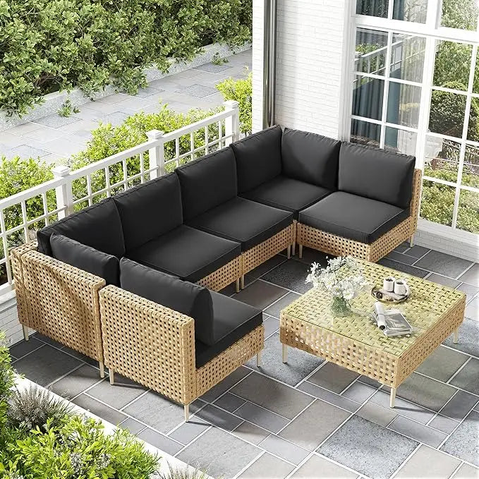 7 Piece Wicker Patio Sectional Furniture Set Outdoor Rattan