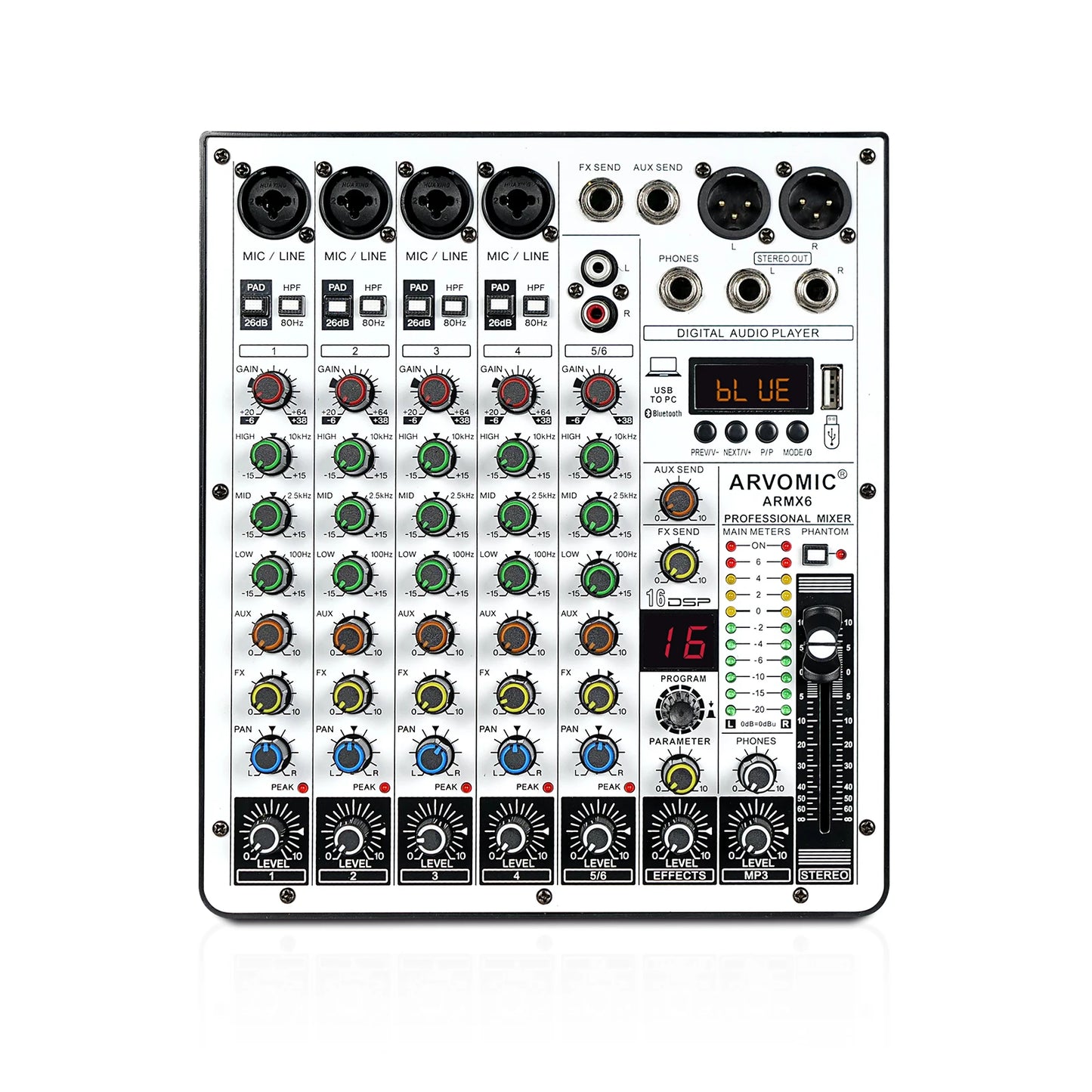 ARVOMIC 6-Channel DJ Mixer with Bluetooth and DSP Effects
