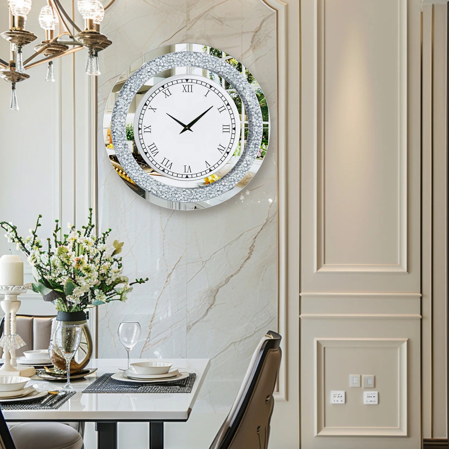 Silver Round Mirror 24 Inch Large Wall Clock with Crystal Bling - Antland Marketplace