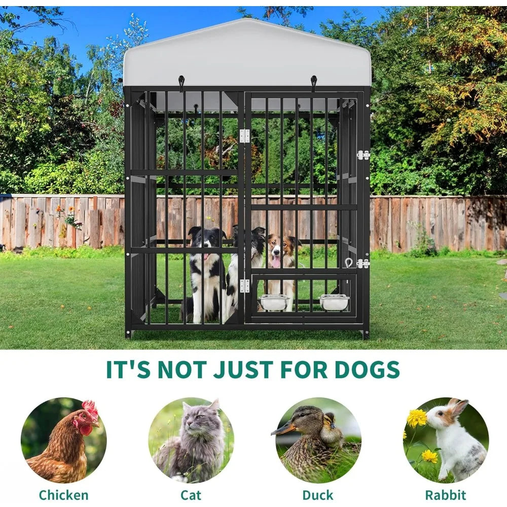 Outdoor Dog Kennel With Rotating Feeder Bowls Roof Heavy Duty Iron Cage 8ft L x 4ft W