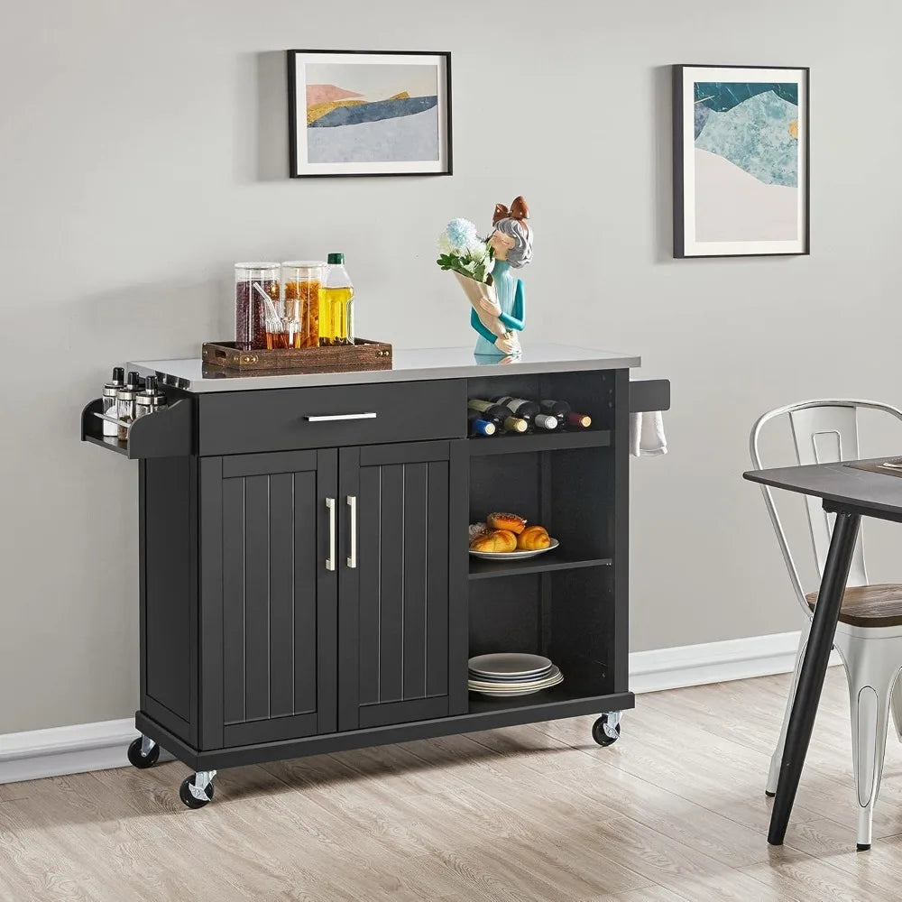 Kitchen Cart With Stainless Steel Top On Wheels With Drawer