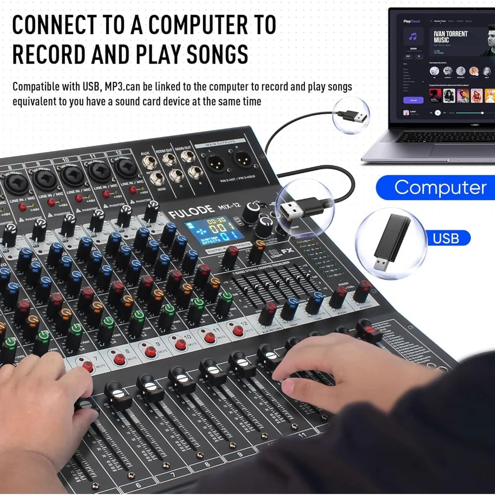 12 Channel Bluetooth Studio Audio Mixer with USB MP3