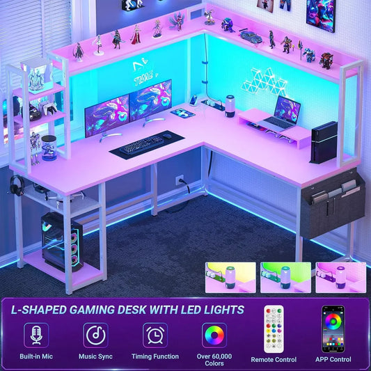 L Shaped Gaming Desk With Led Light Hutch And Power Outlet