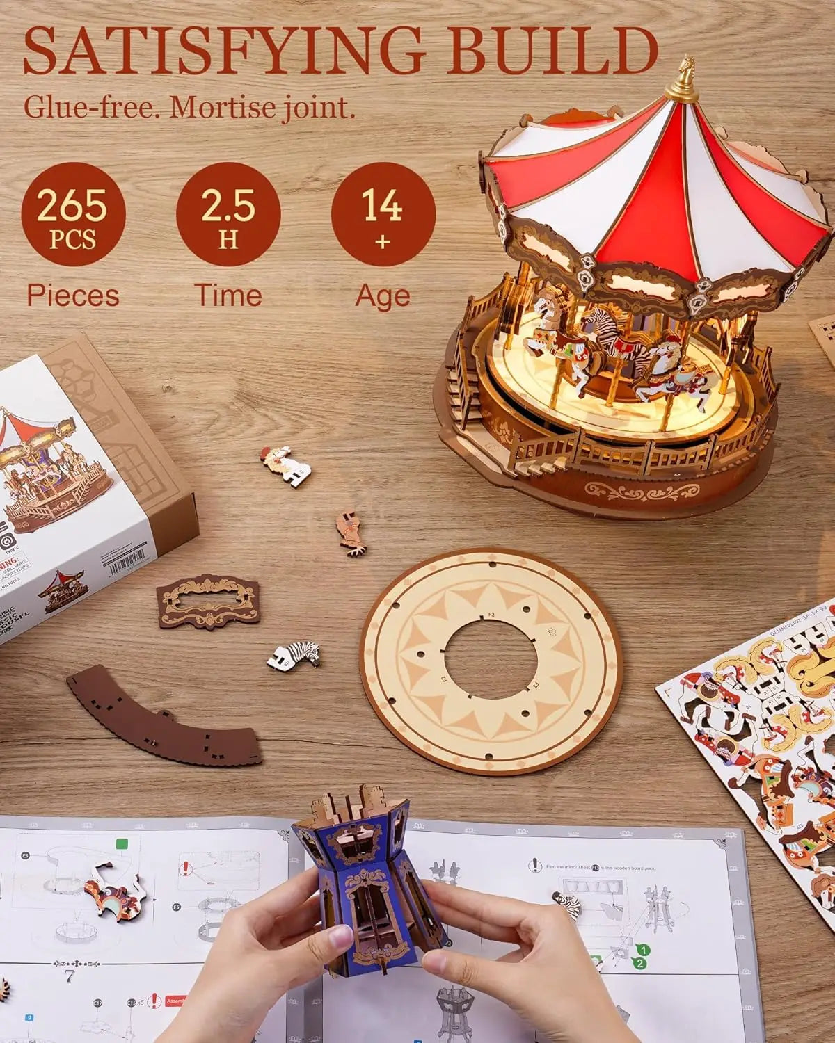 Robotime 3D Carousel Wooden Puzzle Music Box With LEDs