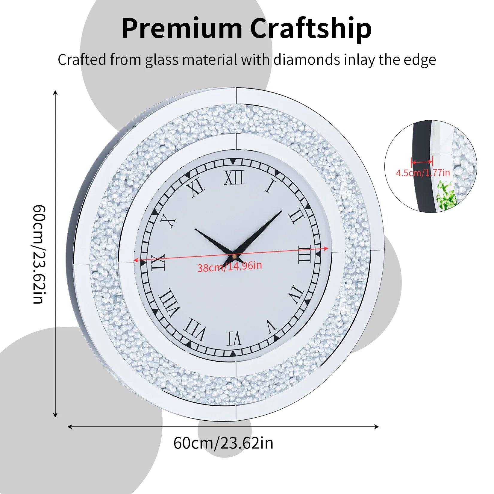 Silver Tawny Tinted Round Mirror Wall Clock with Crystal Sparkle - Antland Marketplace