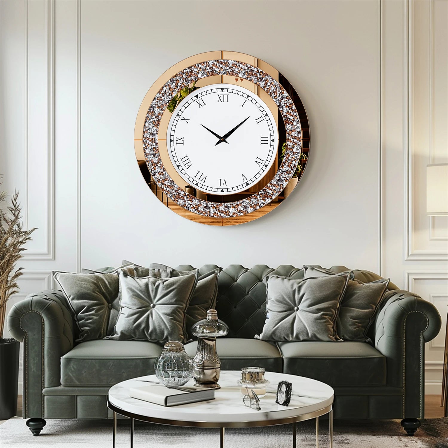 Silver Tawny Tinted Round Mirror Wall Clock with Crystal Sparkle - Antland Marketplace