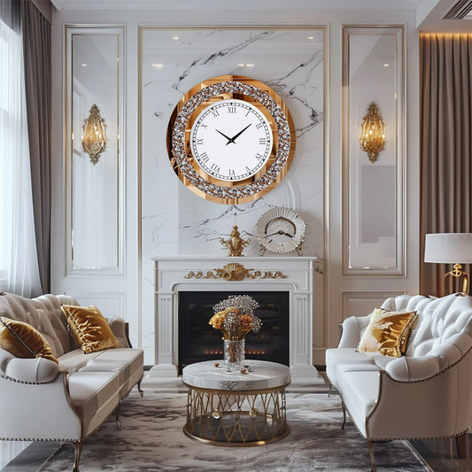 Silver Round Mirror 24 Inch Large Wall Clock with Crystal Bling - Antland Marketplace