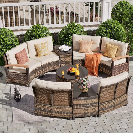 Half Moon Outdoor Patio Rattan Sofa Set With Wood Armrests