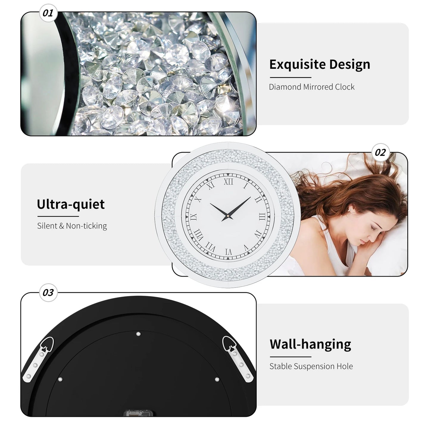 Silver Tawny Tinted Round Mirror Wall Clock with Crystal Sparkle - Antland Marketplace