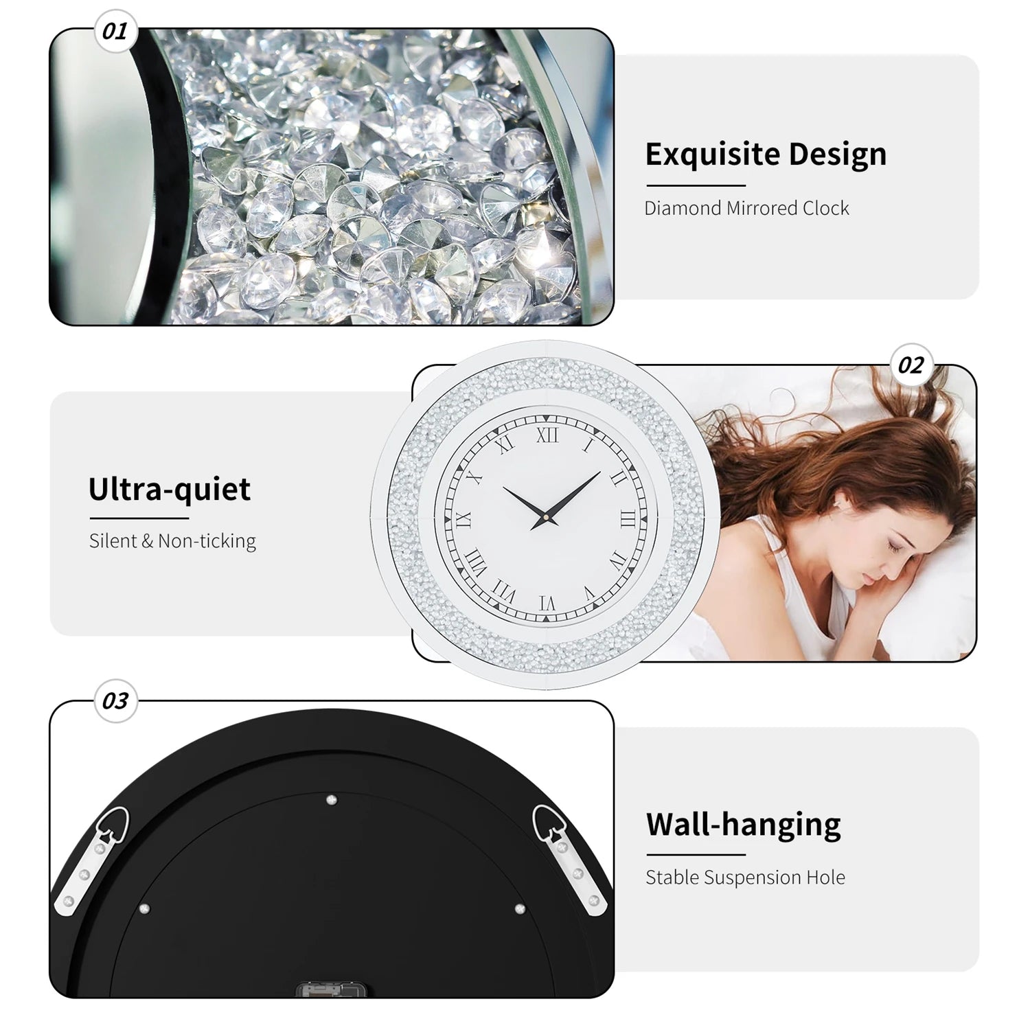 Silver Tawny Tinted Round Mirror Wall Clock with Crystal Sparkle - Antland Marketplace