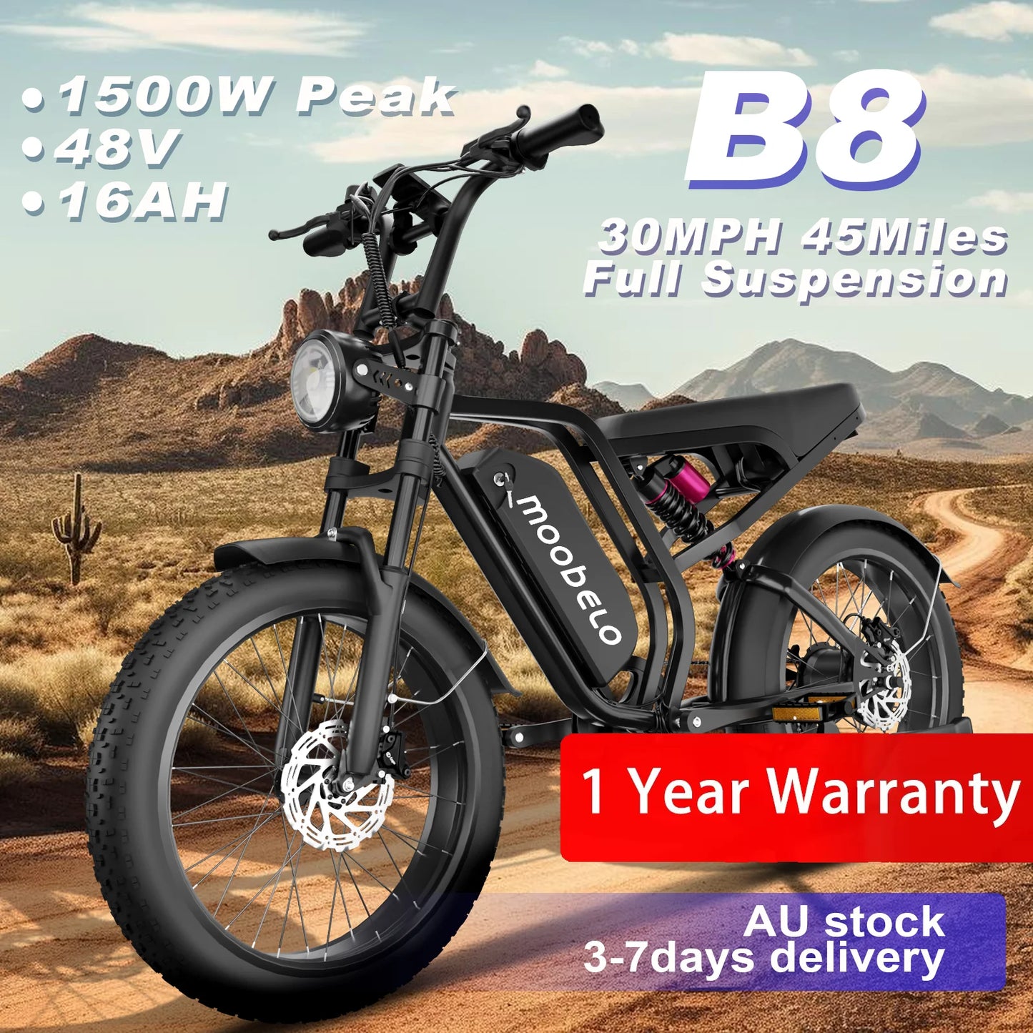 Moobelo B8 All Weather Winter Ebike 1500W Peak 30MPH Full Suspension Snow