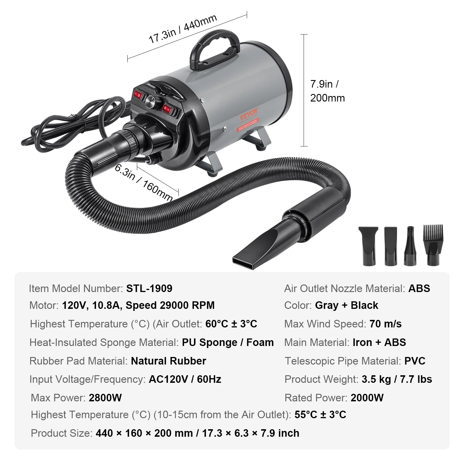 VEVOR 2000W Dog Blow Dryer with Adjustable Speed and Nozzles - Antland Marketplace