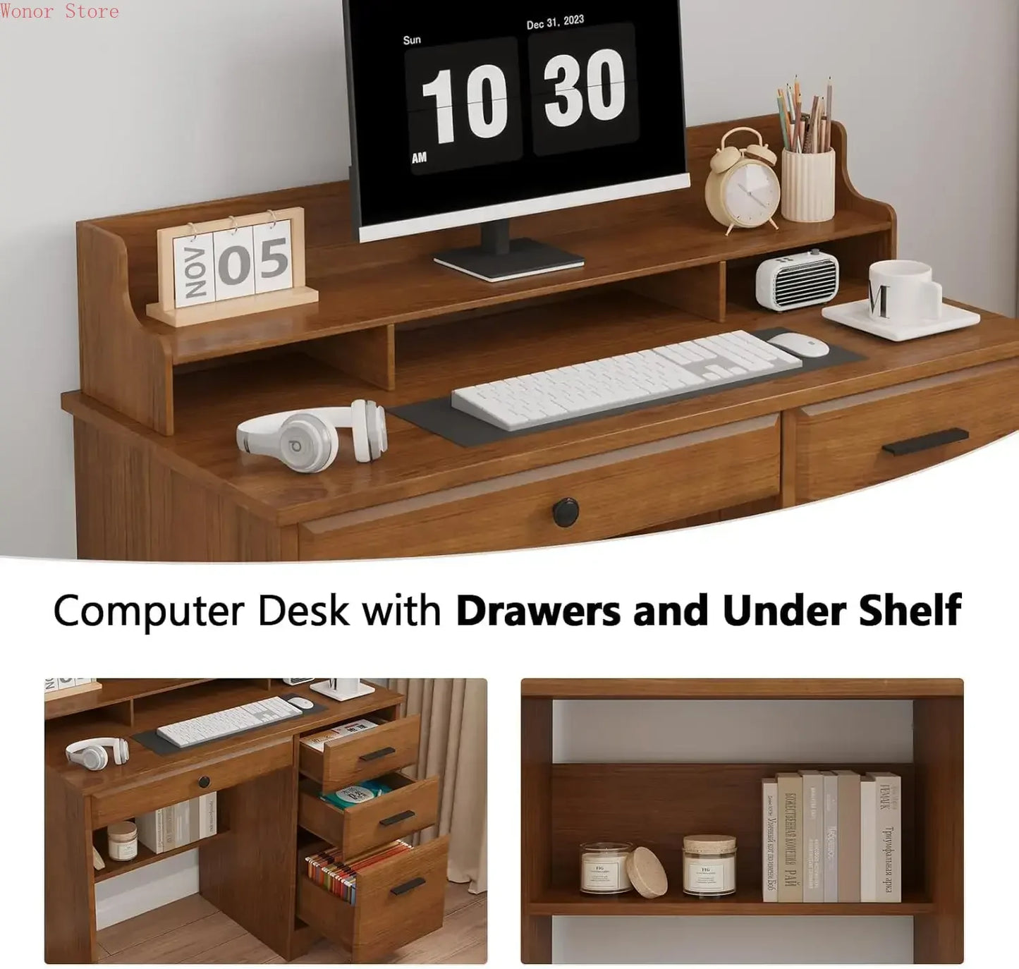 Compact Computer Desk With Drawers And Monitor Stand