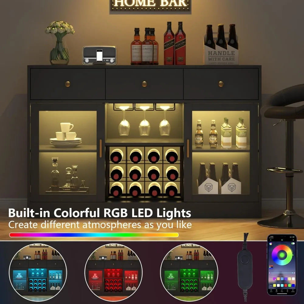 Wine Bar Cabinet With LED Light And Glass Rack Storage
