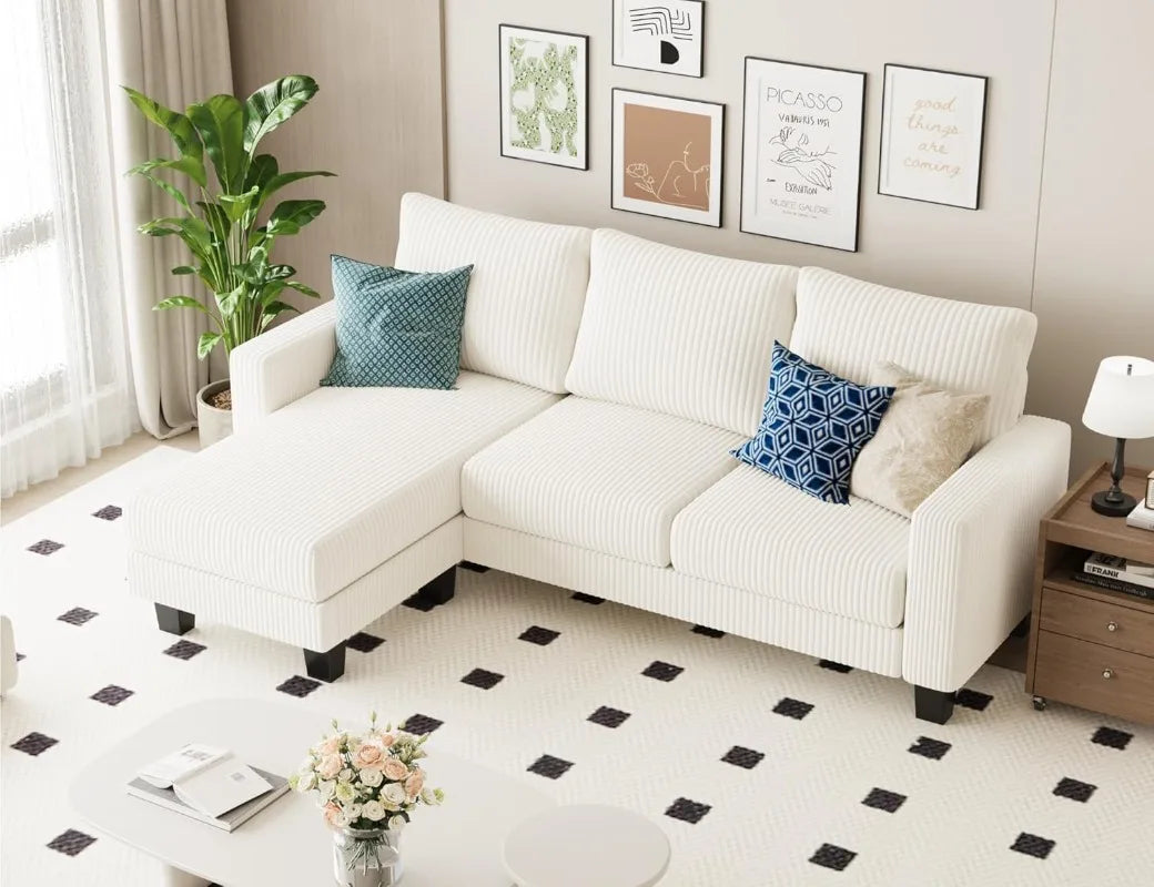 Cream Corduroy L Shaped Sofa With Convertible Chaise
