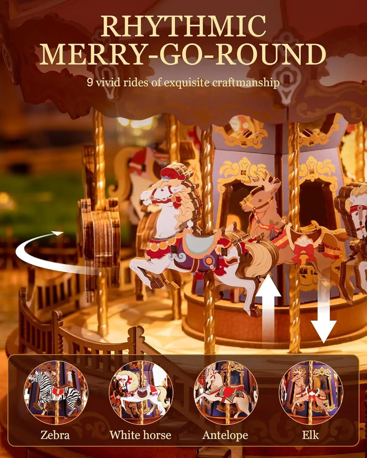 Robotime 3D Carousel Wooden Puzzle Music Box With LEDs