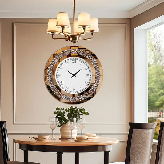 Silver Tawny Tinted Round Mirror Wall Clock with Crystal Sparkle - Antland Marketplace