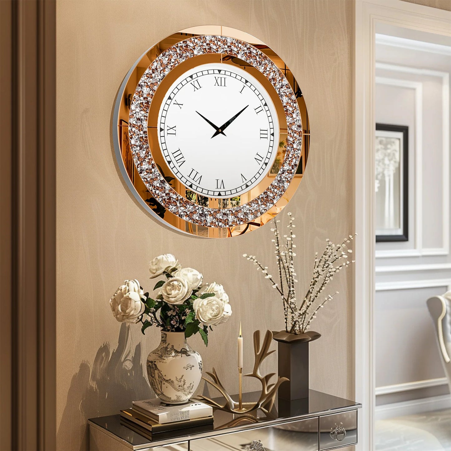 Silver Round Mirror 24 Inch Large Wall Clock with Crystal Bling - Antland Marketplace