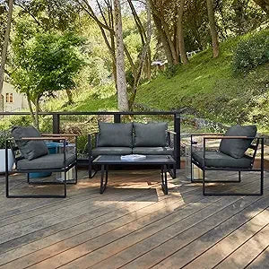 4 Piece Outdoor Patio Set With Sofa And Glass Table