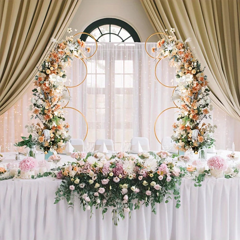 Two-Piece 5ft Round Gold Metal Flower Arch Frame Set For Wedding Backdrop And Party Photo Booth