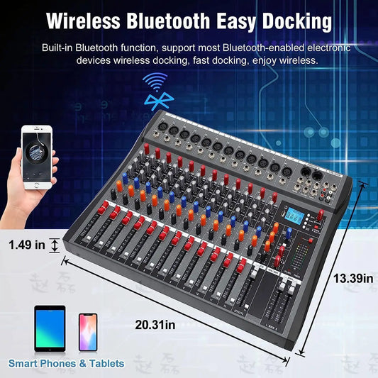 12 Channel Professional DJ Audio Mixer with Bluetooth Input