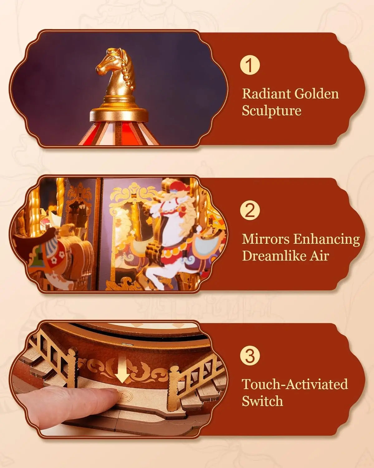Robotime 3D Carousel Wooden Puzzle Music Box With LEDs