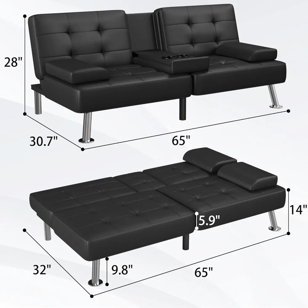 Home Black PU Leather Folding Futon Cup Holders Recliner