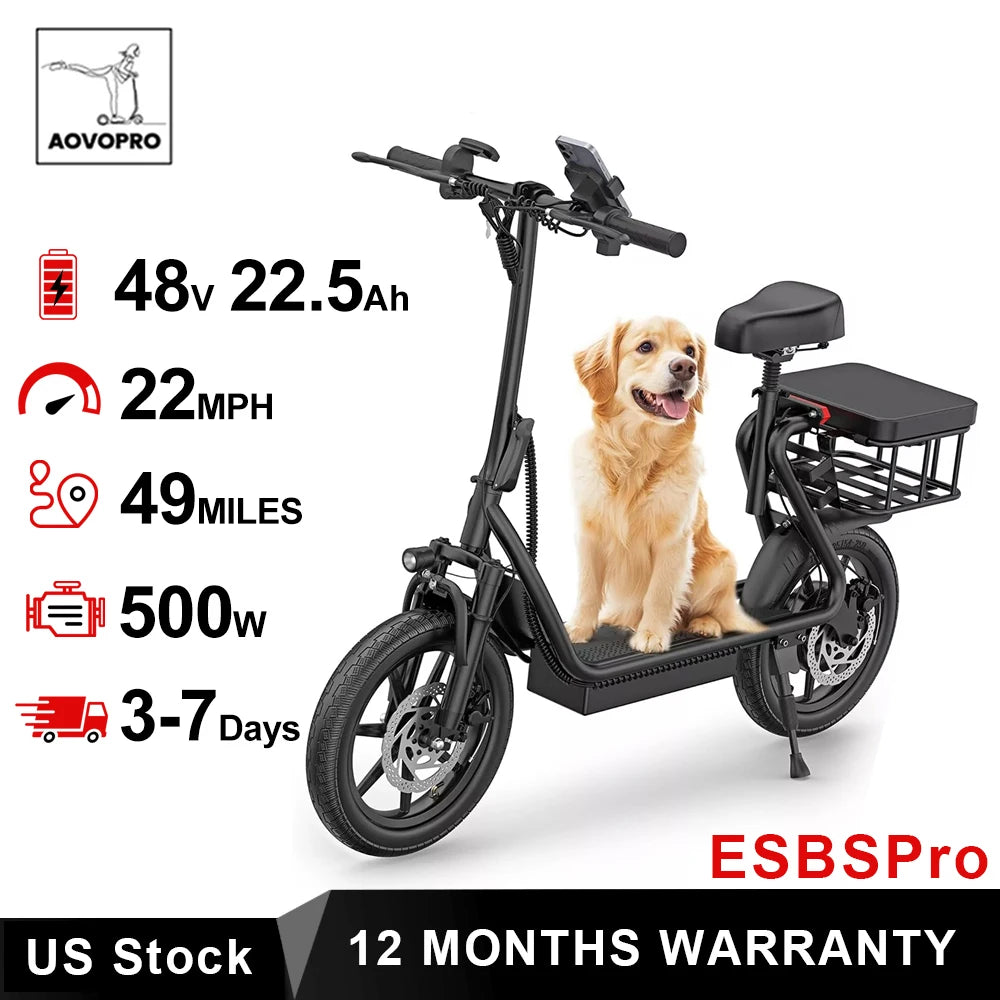 AOVOPRO ESBS 500W Foldable Electric Bike 14 Inch 10.4Ah