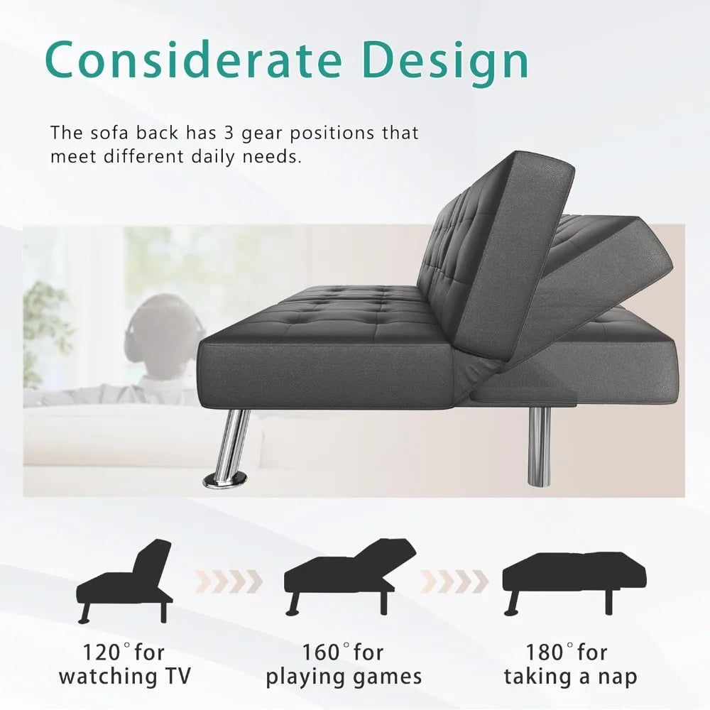 Home Black PU Leather Folding Futon Cup Holders Recliner