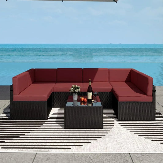 ZHUOTING 7 PCs Outdoor Patio Wicker Sectional Sofa Set