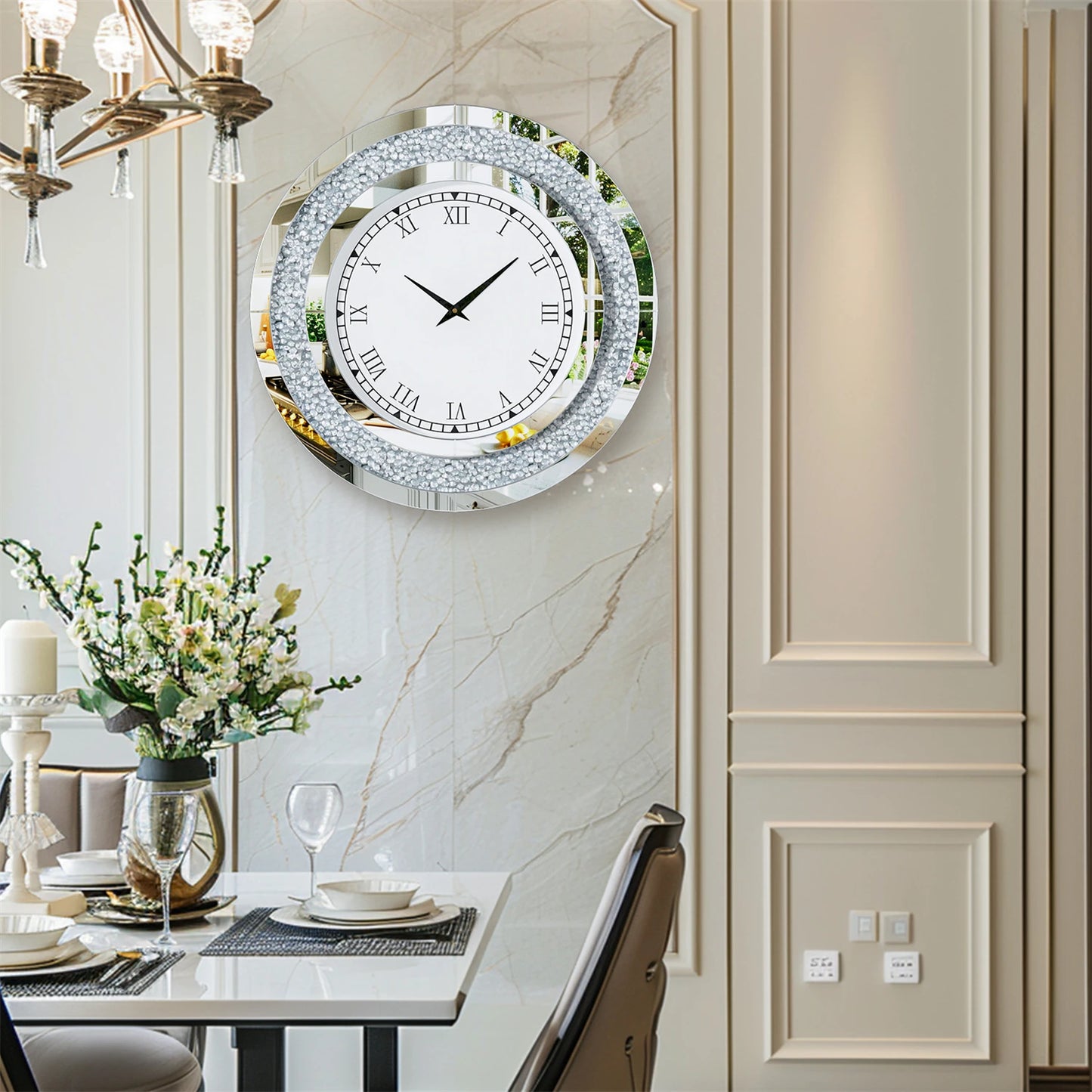 Silver Tawny Tinted Round Mirror Wall Clock with Crystal Sparkle - Antland Marketplace