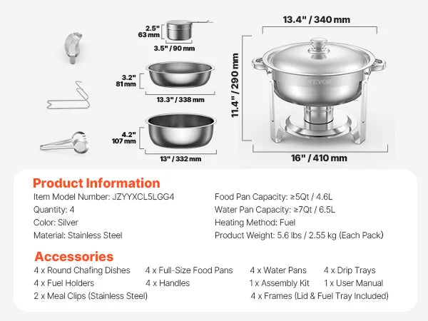 VEVOR 4 Pack Chafing Dish Buffet Set Stainless Steel Pans