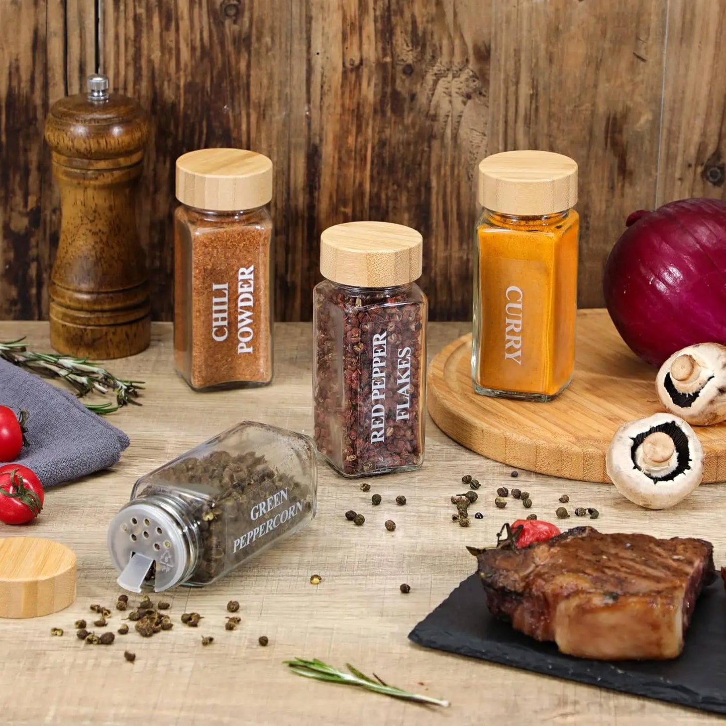 24 Piece Glass Spice Jars With Bamboo Lids 4 Oz Collapsible Funnel And Farmhouse Labels For Spice Rack