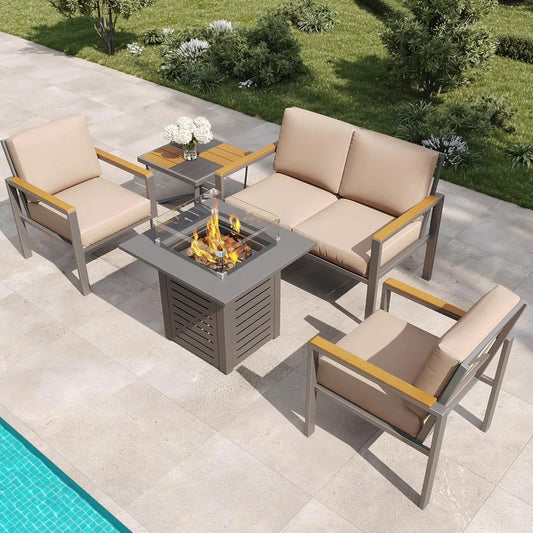 HUANZHUANG 5 Piece Modern Outdoor Patio Set With Fire Pit